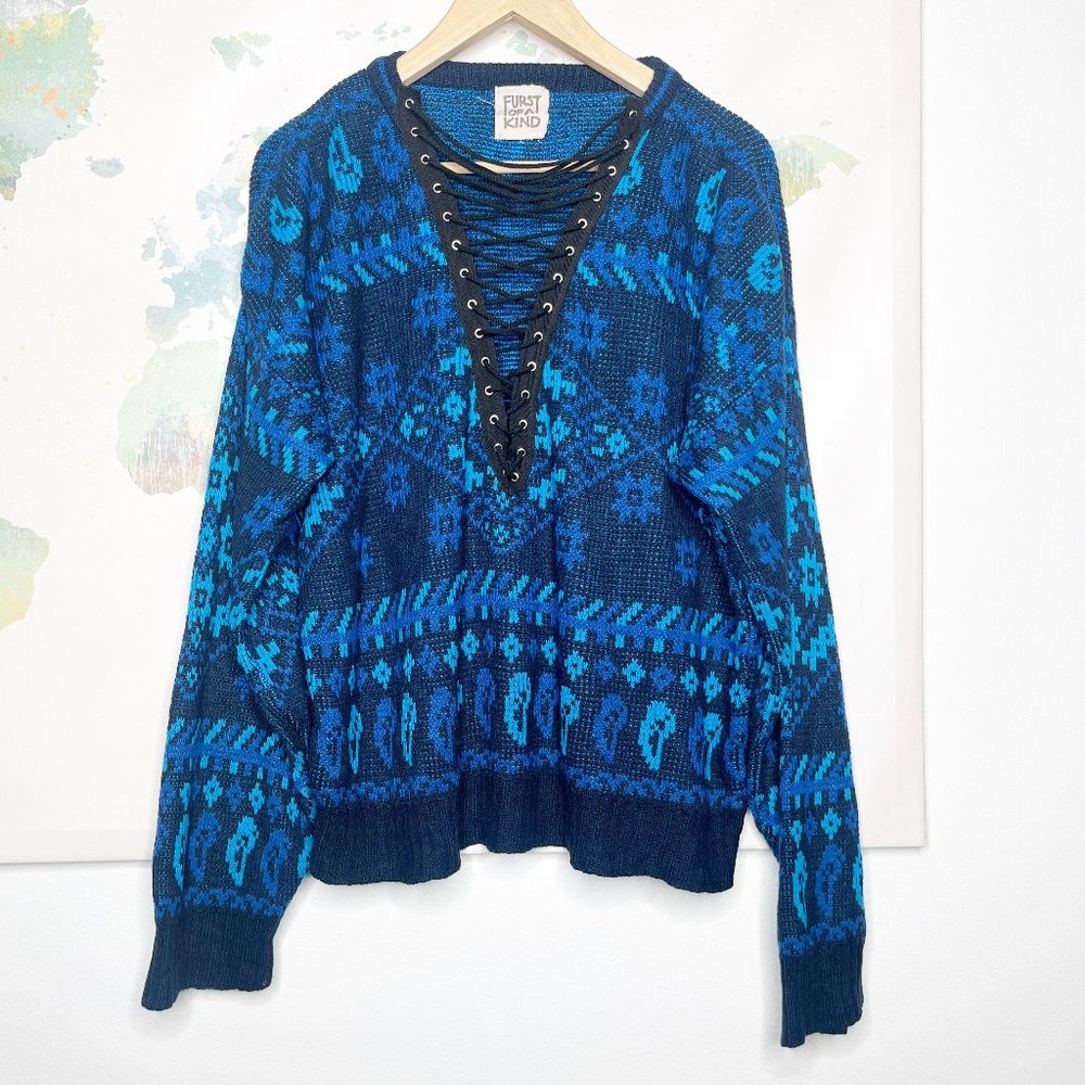 Furst of a‎ Kind Sweater Size Large ? Blue Black Fair Isle Nordic Lace Up Neck